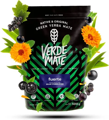 Produktbild von Verde Mate - Mate Tee Fuerte 500g - Dicke Blätter 5 mm Luftgetrocknet - Mit Guarana, Beeren - Extra Starker Energiekick - Yerba Mate Brasilien