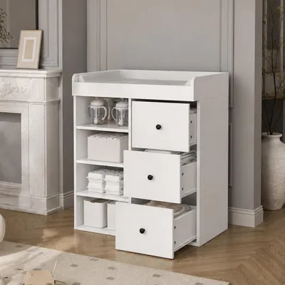Productafbeelding van MODFU Wickelkamer 82x50x100 cm, 2-in-1 badkamermeubel, babybadkamer met lades, afneembare veiligheidsreling, wit-zwart