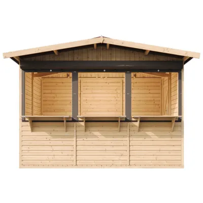 A wooden market stall or garden house shown from the front.