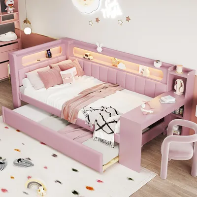 Image de MODFU Lit Gigogne 90x200 cm – Avec Lit Tiroir et Bureau – Sans Matelas – Rose