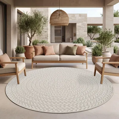 Produktbild von TT Home Outdoor Teppich Wetterfest Garten Schlafzimmer Flur Natürlicher Sisal Look Geometrisches Boho Design Modern Unifarben Größe 200 cm Rund