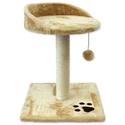 A cat tree with a scratching post and a hanging toy.