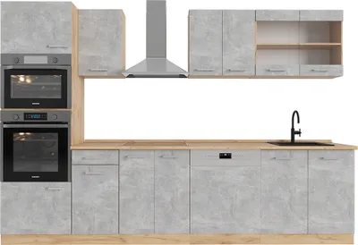 Immagine prodotto di Cucina componibile Vicco R-Line Calcestruzzo/Rovere dorato 300 cm con armadio alto, senza piano di lavoro, Model 53640