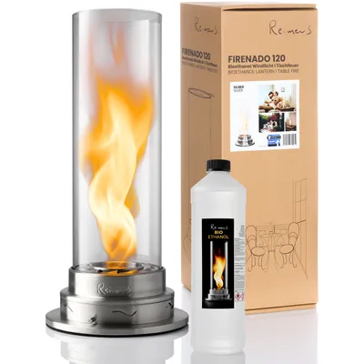 Produktbild von ReimerS Firenado 120 – Tischkamin Bioethanol Edelstahl inkl. 1 L Brennstoff | Design Kamin für Innen & Außen | Flammenregulierung VortexFlame™