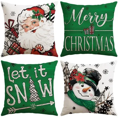 Productafbeelding van Kerstkussenslopen, set van 4, 45x45 cm, kerstman, sneeuwpop, groen, polyester-linnen