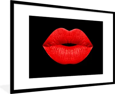 Produktbild von MuchoWow® MuchoWow® Gerahmtes Poster Lippen - Rot - Schwarz 90x60 cm - Poster mit zchwarzem Bilderrahmen - Wanddekoration - Fotos