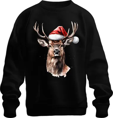 Produktbild von Rentier Santa Geweih Weihnachten Aquarell Geschenk Vintage Lustig Uni Sweatshirt Pullover, Schwarz, 3XL