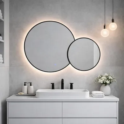 Immagine prodotto di Doppio specchio rotondo con bordo nero e retroilluminazione led