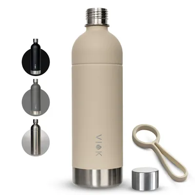 A single beige and silver water bottle is shown against a white background, with smaller circular images of the bottle in black and grey to the left.