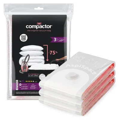 A product package and three vacuum seal bags are shown. The package displays product information and graphics. The bags are stacked and partially transparent.
