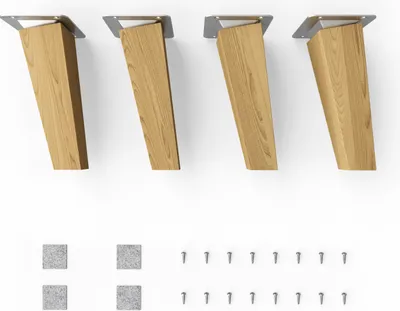 Four wooden furniture legs with metal mounting plates are shown, along with felt pads and screws.