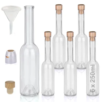 Produktbild von Flaschen Set 6 x 250ml hochwertige Glasflaschen leer mit Korken Schrumpfkapseln & 1 Trichter zum selbst Befüllen mit Gin Whisky Schnaps Likör Essig Öl günstige Flaschen Ginflaschen Whiskyflaschen