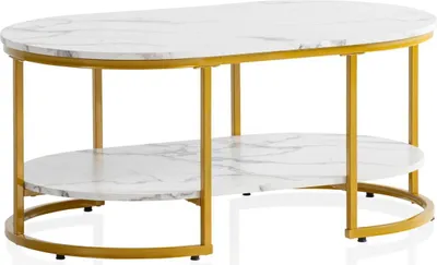 Produktbild von Couchtisch 100x60x45 cm Weiß mit Marmor Optik, Design Wohnzimmertisch Rechteckig, Lounge Sofatisch mit Ablage, Kaffeetisch Modern mit goldenem Metallgestell