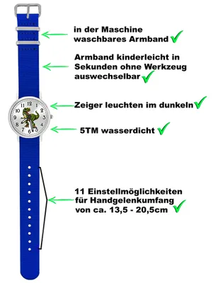 Produktbild von T-Rex Kinderuhr Armbanduhr Jungen Mädchen Lernuhr 5ATM Dino Armband royalblau 5109