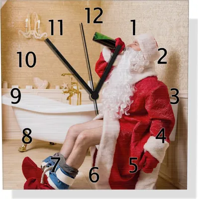 Produktbild von Wallario Design Wanduhr Betrunkener Weihnachtsmann mit Weinflasche auf dem Klo aus Aluverbund, Größe 30 x 30 cm