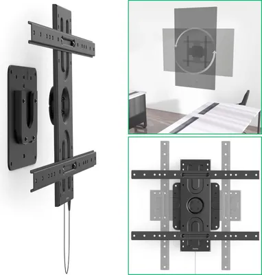 Collage of images showing a TV wall mount, its components, and diagrams illustrating its functionality.