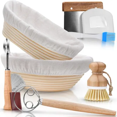 Produktbild von 2 Stück Gärkörbchen oval im Komplett-Set zum Brotbacken - Gärkorb für Brot Backen - Inkl. Schneebesen, Teigschaber, Leinentuch, Pinsel & Bäckermesser
