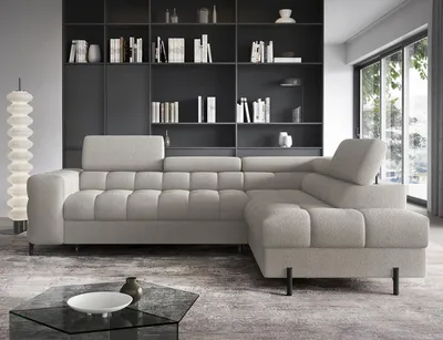 Zdjęcie produktu dla Narożnik Ferucce – nowoczesna sofa w kształcie litery L z funkcją spania i regulowanymi zagłówkami