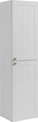 A tall, white cabinet with two doors and two knobs.