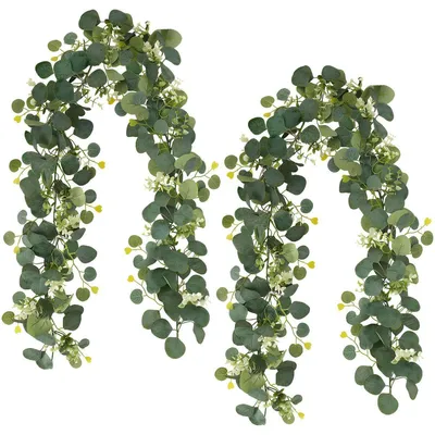 Produktbild von Künstliche Eukalyptus Girlande 2 Stück 1,8m mit Weißen Blumen Hängend Grün