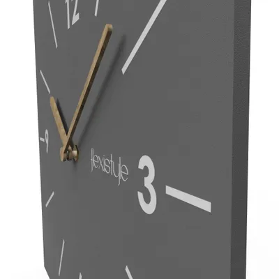 A close-up view of a modern square wall clock with wooden hands.