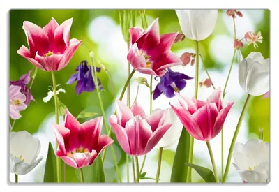 Produktbild von Wallario Frühstücksbrettchen aus Glas 20 x 30 cm mit rutschfesten Füßen, Motiv Blühende Blumen im Frühling in pink und weiß