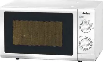 A white Amica microwave oven is shown against a white background.