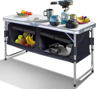 Produktbild von Fiqops  Campingküche Küchenbox Windschutz Alu Spritzschutz Faltschrank Camping, ca. (L) 120 cm x (B) 47 cm x (H) 68cm-Zwei Desktops
