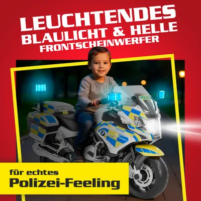 Produktbild von HECHT Kinder Motorrad | BMW R1200RT Polizei | bis 6km/h | 35W | mit Stützräder | Koffer | Radio | Blaulicht | Sirene