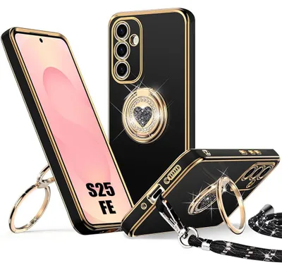 Image de Coque pour Samsung Galaxy S25 FE, Protection Slim Silicone avec Anneau Motif Cœur et Cordon - Noir