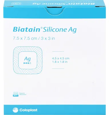 Zdjęcie produktu dla Biatain Silikonowy opatrunek piankowy Ag ze srebrem 7,5 cm x 7,5 cm, 5 szt. Opatrunki na rany