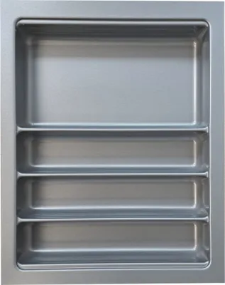 Immagine prodotto di Vassoio portaposate  per armadio da 45 cm, tagliabile a misura (L 350-390 x P 450-490 mm), acciaio inox colorato, incl. 1 set di divisori