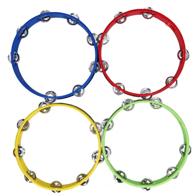 Image de Ensemble de 4 tambourins en bois avec des grelots métalliques, tambourin à main pour les églises, les concerts, instrument de percussion