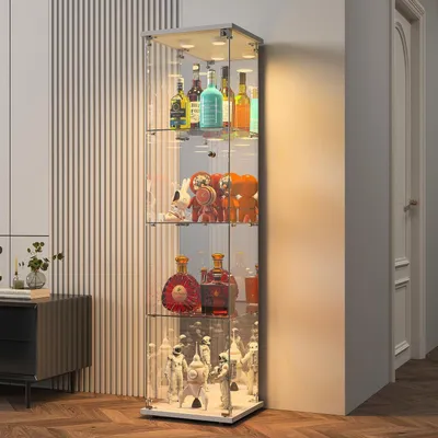 Produktbild von Glasvitrine Standvitrine mit LED, Spiegelrückwand, abschließbar, 164x42x36 cm, Weiß