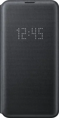 A black Samsung Galaxy S10e flip case with a digital clock display.
