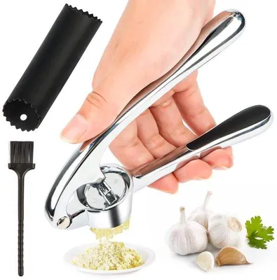 Productafbeelding van Ibenzoa® Knoflookpers van roestvrij staal en katalysatorlegering, met ergonomische, antislip handgreep, siliconen schiller en reinigingsborstel, vaatwasmachinebestendig
