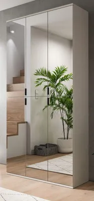 Immagine prodotto di Armadio con specchio "Line-Up" in legno effetto cashmere, 6 ante, e mobiletto scarpiere, dimensioni 91 x 193 cm