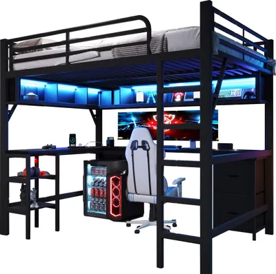 Produktbild von Hochbett mit Schreibtisch, Lattenrost, Regal, LED, Steckdosen, USB und Schubladen, 140x200cm, Jugendbett, Metallbett