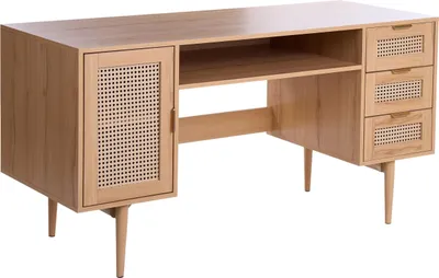Zdjęcie produktu dla BELIANI Biurko jasnobrązowe MDF metalowe nóżki fronty technorattan z szufladami i drzwiczkami nowoczesny design