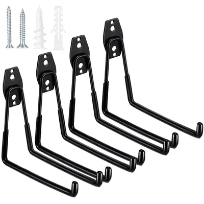 Image de Lot de 4 crochets muraux pour garage, crochets muraux robustes, crochets muraux caoutchoutés, crochets muraux de garage pour échelles, appareils, outils, chaises, tuyaux et vélos (noirs)