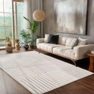 Produktbild von Skandinavischer Boho Wohnzimmerteppich mit Hoch-Tief-Effekt weich pflegeleicht modern langlebig kombinierbar , Größe : 120 x 170 cm , Farbe : Creme-2