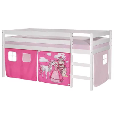 Produktbild von Hochbett ERIK Kinderbett Spielbett Etagenbett Stockbett Holzbett, Vorhang mit Motiv Prinzessin rosa, Kiefer massiv weiß lackiert, 90 x 200 cm