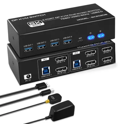 Obrázek produktu pro Přepínač DisplayPort KVM pro 2 počítače, 2 monitory, 8K60Hz - KVM přepínač s USB 3.0