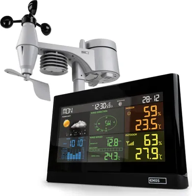 Produktbild von EMOS Wetterstation mit Windmesser und Regenmesser- System mit Farbdisplay, zur Wettervorhersage, für drinnen & draußen, Datum, Temperatur, Luftfeuchtigkeit, Luftdruck - 12-24 Stunden Vorhersage