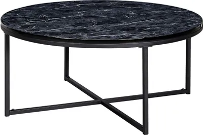 Produktbild von Couchtisch 80x36x80 cm mit Marmor Optik Schwarz, Wohnzimmertisch mit Metall-Gestell, Sofatisch Rund Tisch Wohnzimmer, Beistelltisch