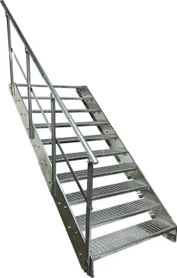 Produktbild von Stahl Wangentreppe Gitterroststufen 10 Stufen Geländer Links - Verzinkt - (B x H x T) 80 x 190 x 196 cm