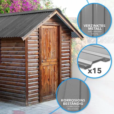 Produktbild von Karat Trapezblech Set 15Stk. 115x45cm, Dachblech 7,7m² inkl Schrauben, Wandblech verzinkt, Profilblech wetterfest für Carport & Gartenhaus, Hellgrau