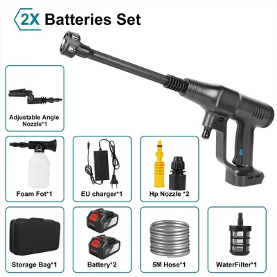 Image de Nettoyeur haute pression - Pistolet de nettoyeur haute pression sans fil - 200 bars - Sans balais - 6 en 1 - 21 V - 2 batteries - Noir