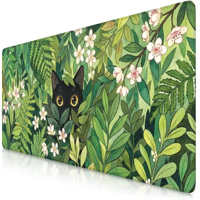 Zdjęcie produktu dla Podkładka pod mysz Titanwolf Gaming, rozmiar XXL (90 x 40 cm), motyw: czarna kot w lesie, powierzchnia tekstylna zapewniająca precyzyjne prowadzenie myszy, gumowa podstawa, podkładka na biurko, 1 sztuka, kolor: zielony
