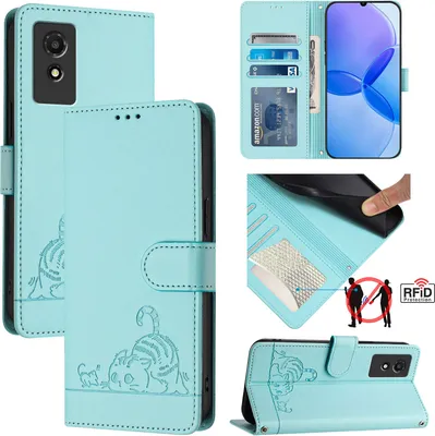 Produktbild von Leder Hülle für TCL 501 Süße Katze Flip Case Brieftasche Schutzhülle mit Standfunktion hellgrün